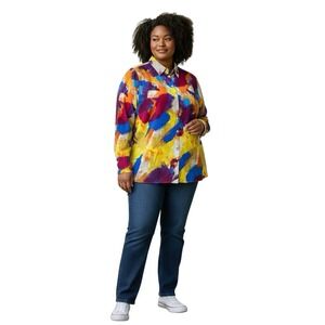 Soft Surroundings 3X Abstract‎ Paint Brush Cotton Button Front Shirt Blouse NWOT